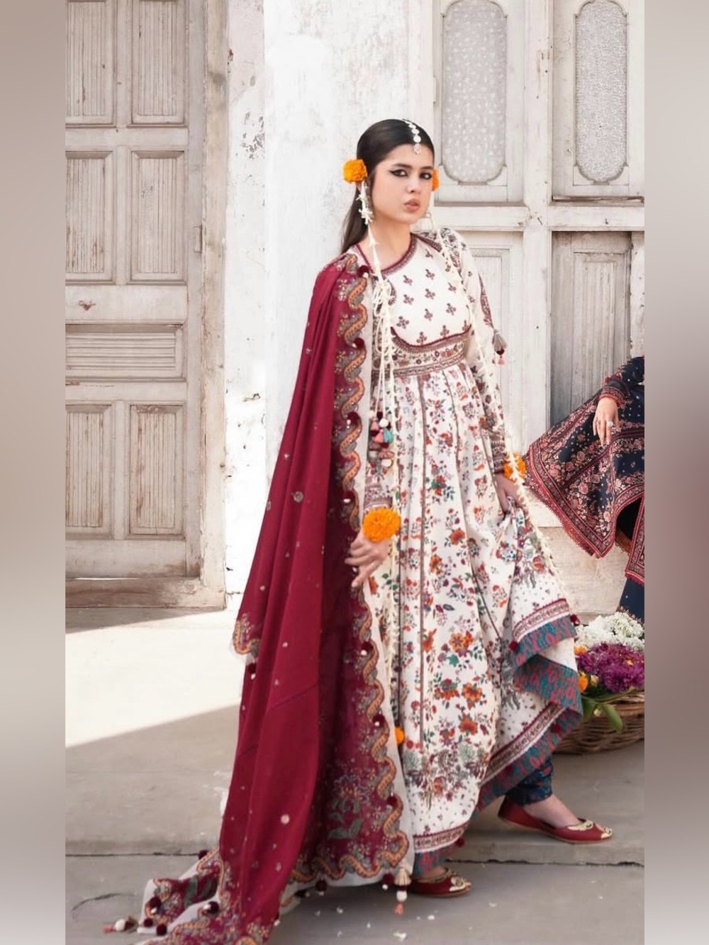 Hussain Rehar Floral White & Maroon Anarkali Dress with Embroidered Dupatta